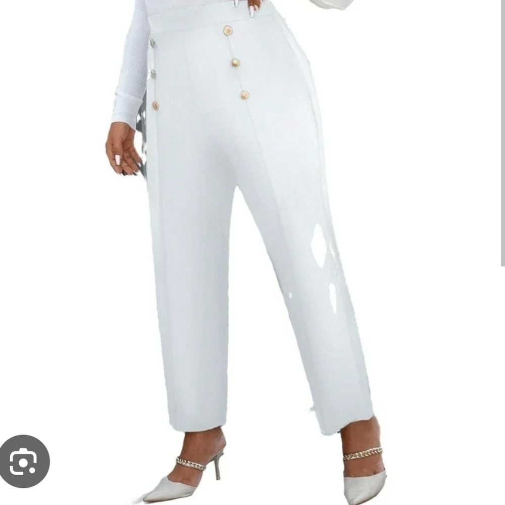 Womens Solid Flat Front Pant Ankle-Length Elastic Waist Pant Metal Button